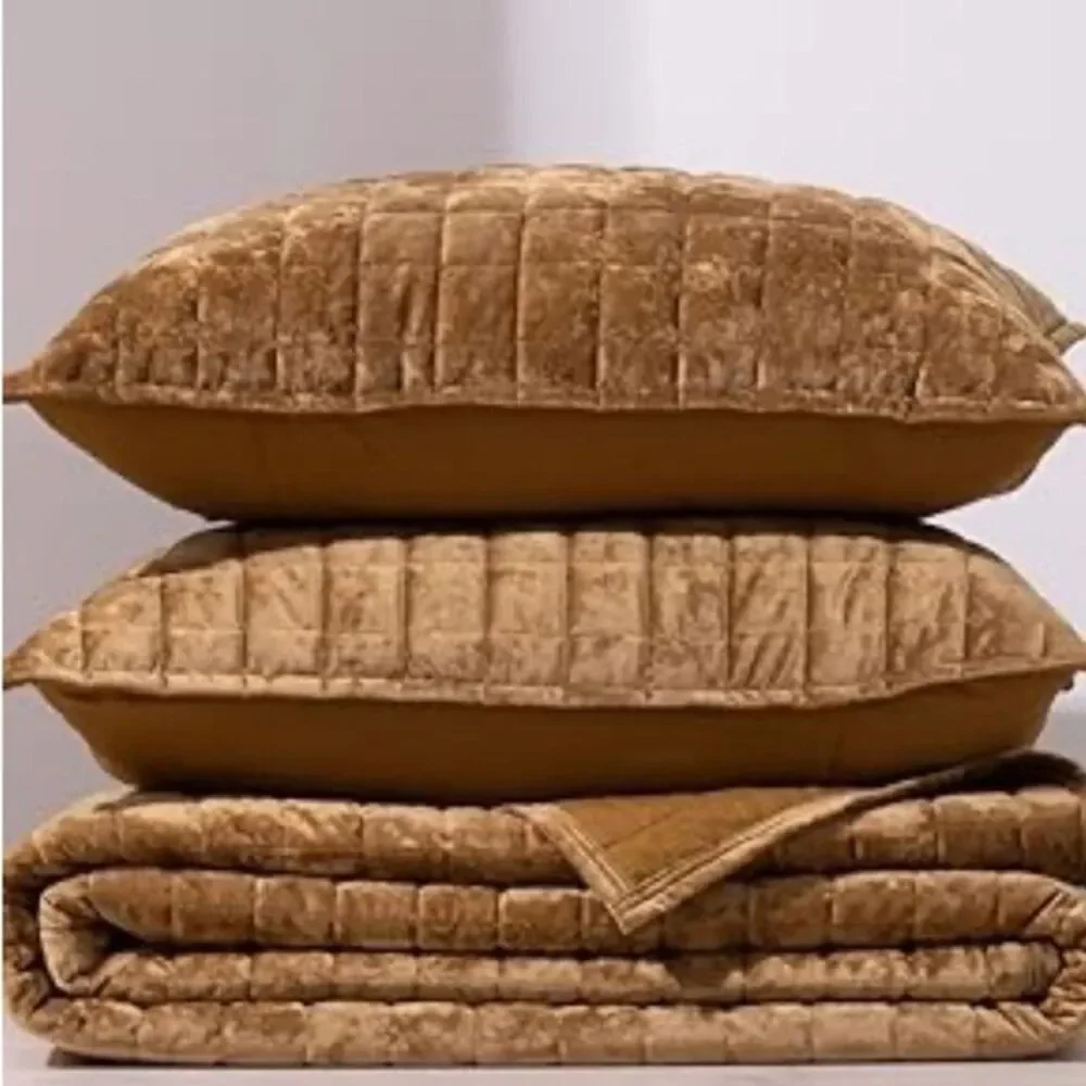 Rust Amber Velvet Queen Quilt Coverlet Set Luxury Bedding Comforter Shams NEW